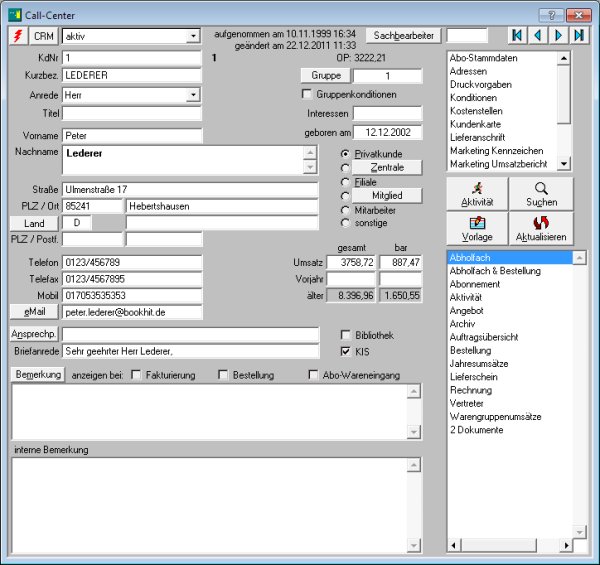 Stammblatt Callcenter